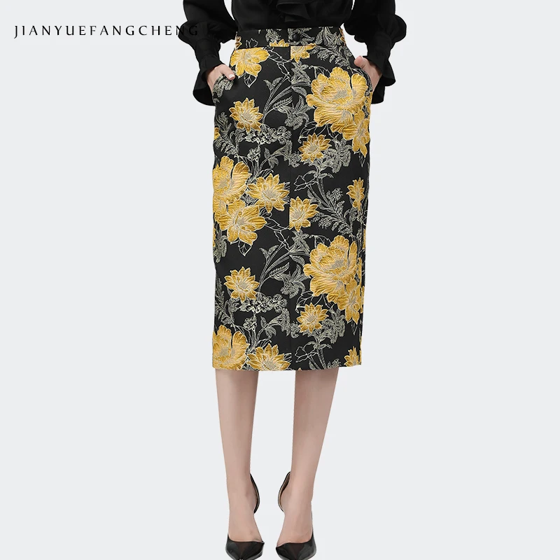 Vintage Yellow Jacquard Women Pencil Skirt High Waist Long Female Autumn Skirts Plus Size Elegant Ladies Office Outwear Skirts