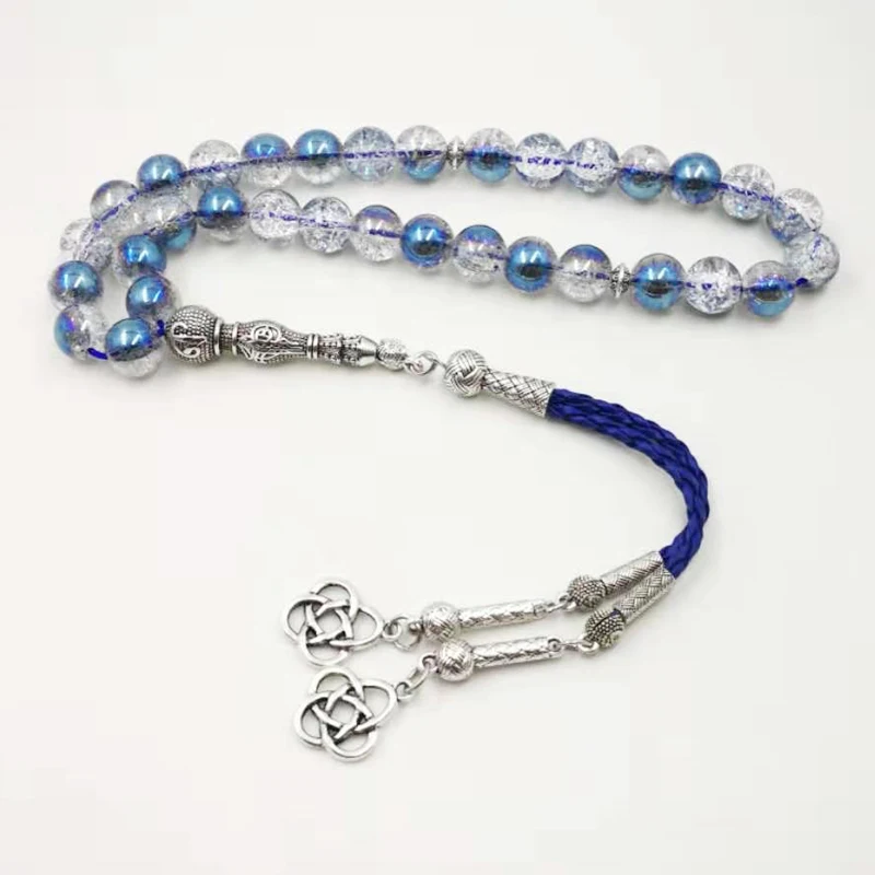 Burst Crystal tasbih Blue beads with leather tassel New style Crystal women prayer beads 33 66 99beads Muslim Rosary