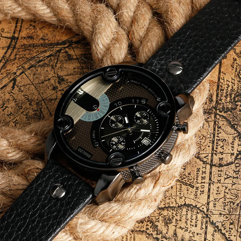 New Men Wristwatch Men Sports Watches Fashion Military Army Two Time Zones Quartz Watches Leather horloge mannen montres homme