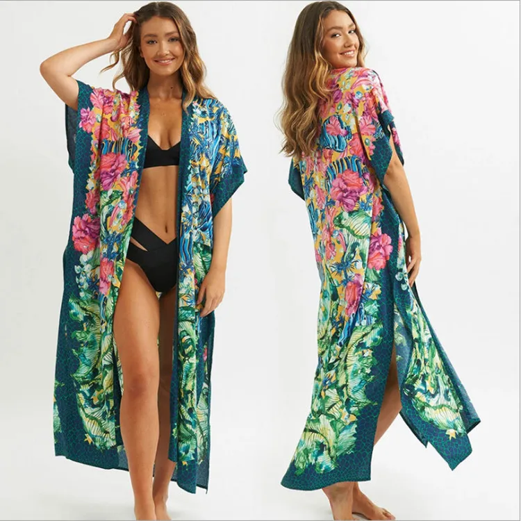 TEELYNN seksowna strona split bach Kaftan kobiety tunika boho poliester kwiatowy print długie sukienki letnie bikini cover up vestidos robe