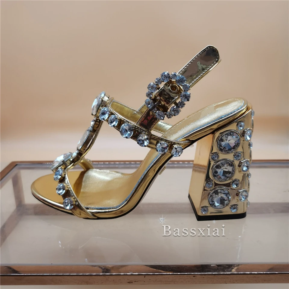 Jeweled Diamond T-Strap Wedding Shoes Bridal Crystal Chunky Heel Genuine Leather Rhinestone Sandals Women For Girls Summer