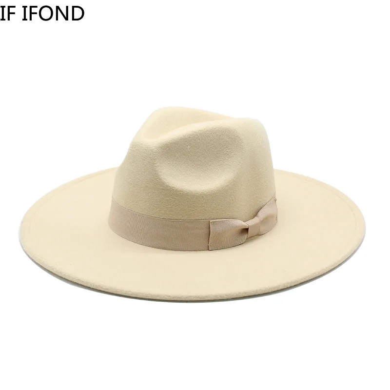 2022 New British Style Men Women Winter Felt Fedoras Cap 9.5cm Big Wide Brim Derby Wedding Church Jazz Hats