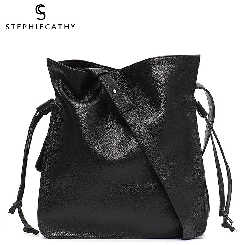 SC Fashion Leather Bucket Handbag For Women Crossbody&Messenger Hobo Ladies Luxury Shoulder Bag Drawstring Snap Real Leather Bag