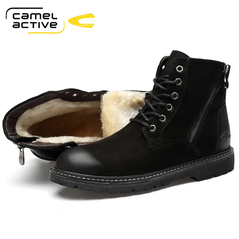 Camel Active Autumn Winter Fashion Snow Boots Cowhide High-top Shoes Men Boots Short Plush Warm Casual Boots Lace-up Men Shoes