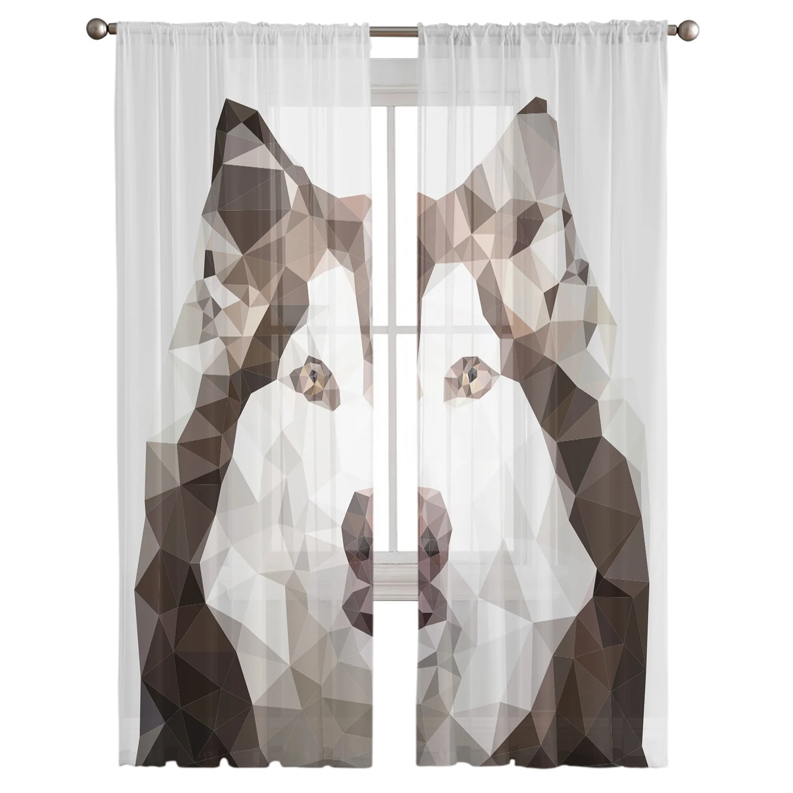 Abstract Geometry Dog Husky Print Sheer Window Panel Curtains Room for Living Room Bedroom Kitchen Room Chiffon Tulle Curtains