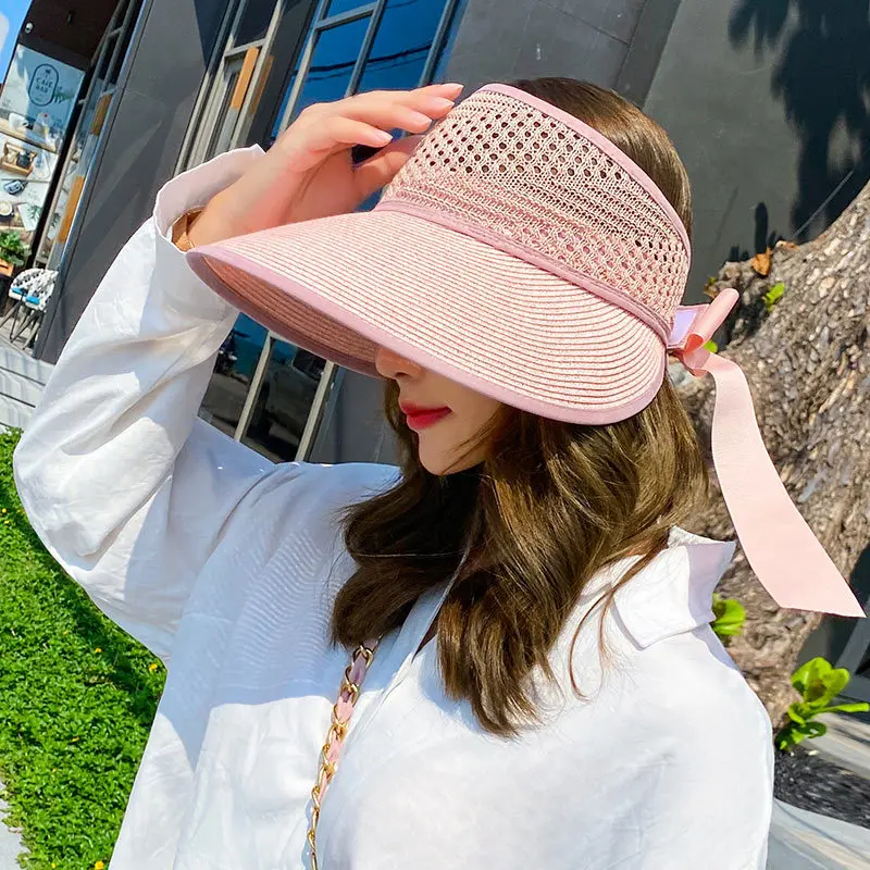 H7786 Lady Straw Hat Women's Beach Broad-Brimmed Hat Summer Sun Cap Travel Sun Protection Topless Hat Foldable Protection Hat