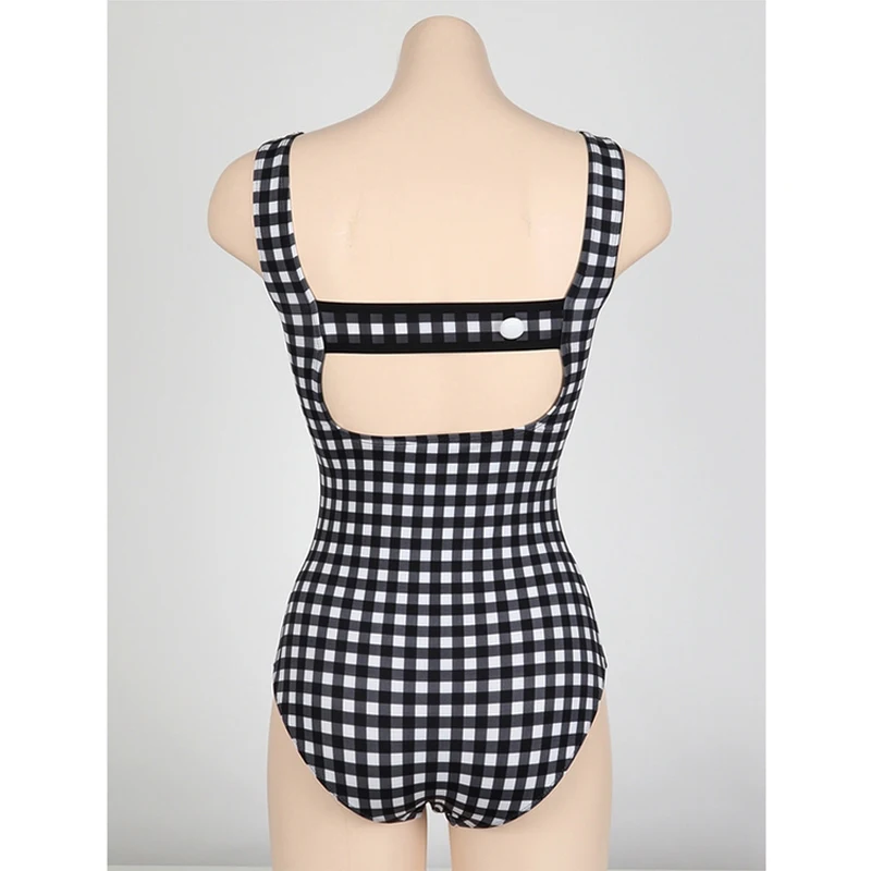 Koreański kobiety Plaid jednoczęściowy strój kąpielowy Sexy Monokini Badpak luksusowe ramię Retro strój kąpielowy kontrola brzucha stroje kąpielowe