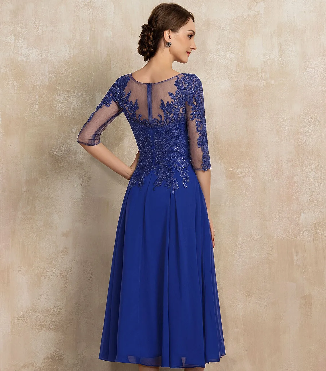 Elegante azul real chá-comprimento chiffon renda mãe da noiva vestido lantejoulas a linha vestido de festa de noiva personalizado 2025