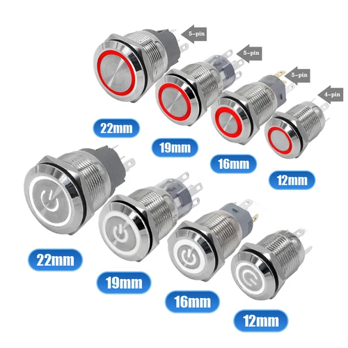 Interruptor de botón de Metal, 12/16/19/22mm, interruptor de alimentación de motor de coche, 3V, 5v, 12v, 24v, 220v, luz LDE, botón momentáneo autoblocante a prueba de agua