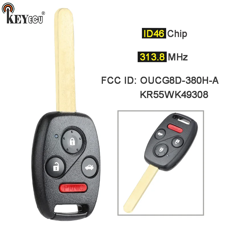 KEYECU 313.8MHz FCC ID: KR55WK49308 / OUCG8D-380H-A Replacement 3+1 4 Button Remote Key Fob for Honda Accord Element Pilot