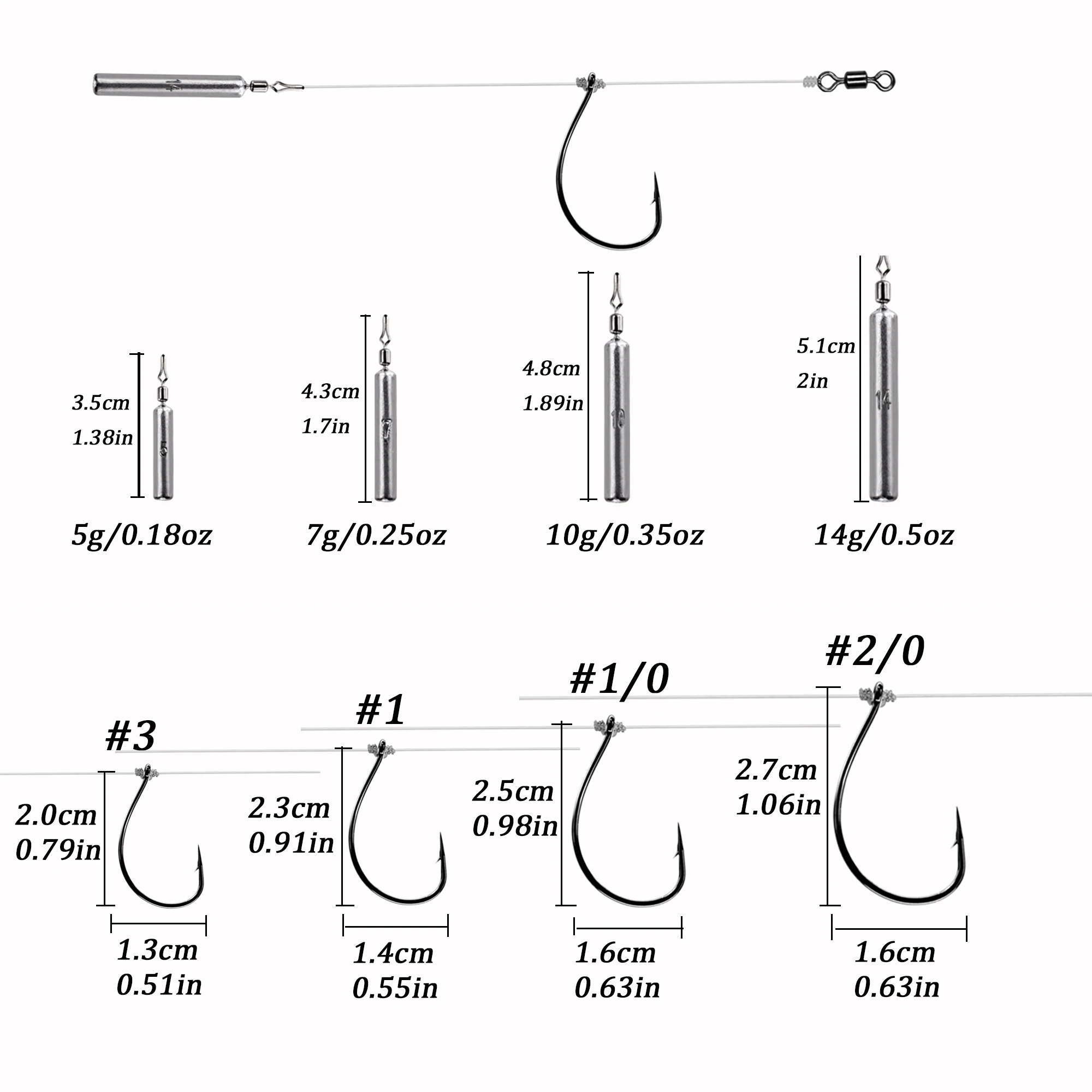 5pcs/lot Texas Rig Set #3 #1 #1/0 #2/0 Drop Shot Hook Carolina rig Kit Bass Fishing Accessories