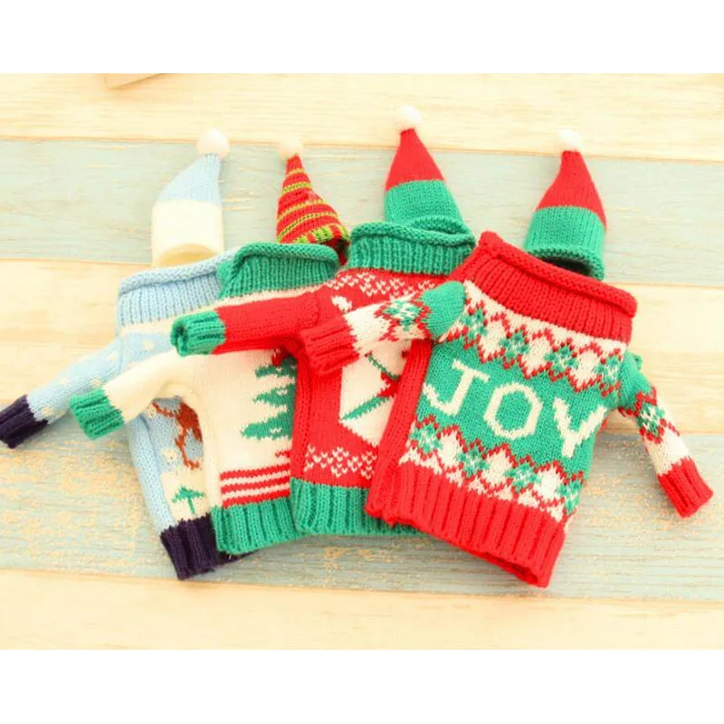 Christmas Decorate Red Wine Beer Knitting Sweater Bottle Sets Cover Family Hotel Restaurant Used 4pcs /lot