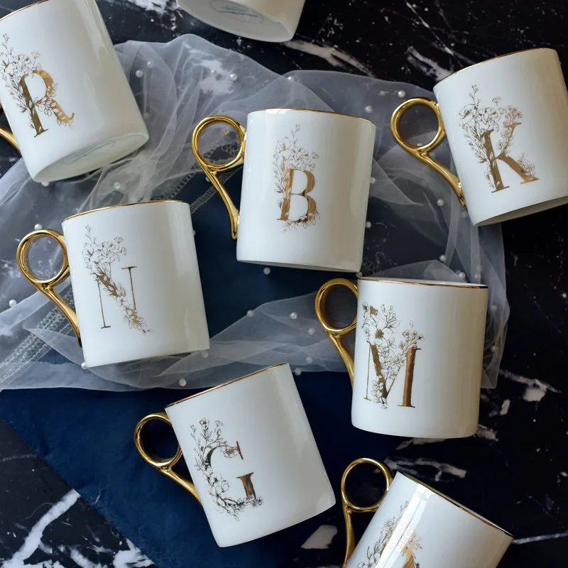 

The Letter Gold Handle Couple Cup Quality Bone China Coffee Mug Creative Letter Wedding Birthday Gift