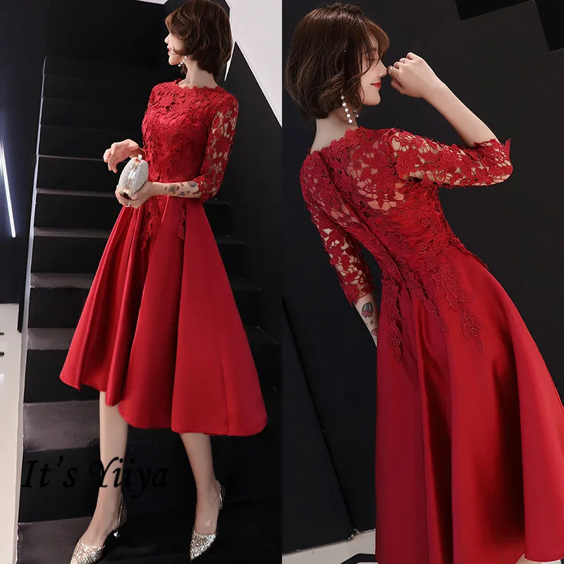 

It's Yiiya Lace Evening Dresses O-Neck Illusion A-Line Half Sleeve Women Party Dresses Plus Size Zipper Robe De Soiree K322