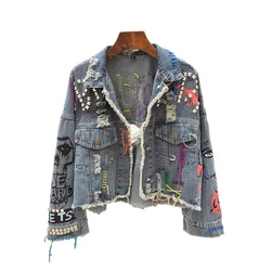 Fashion Holes Graffiti Denim Jacket Coat Women Student Outerwear Streetwear Loose Long Sleeve Short Rivet Jeans Jackets Female