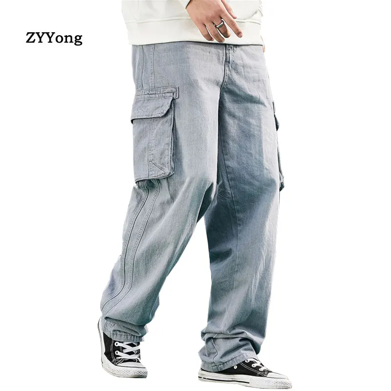 2021 Jeans Men Denim Pants Baggy With Side Pockets Hip Hop Designer Brand Skateboard Loose Gray Trousers Plus Size 30-46