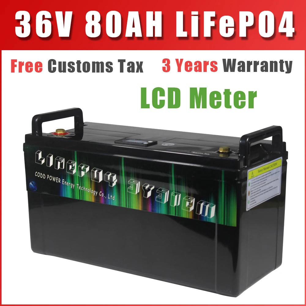 36V 80AH LiFePO4 Battery with 10A Charger 2000W BMS IP68 Case