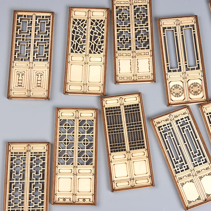 1/20 Scale Miniature Chinese Furniture  Movable Wooden Door Model Building kit Wooden Craft Dollhouse Interior Construction Set