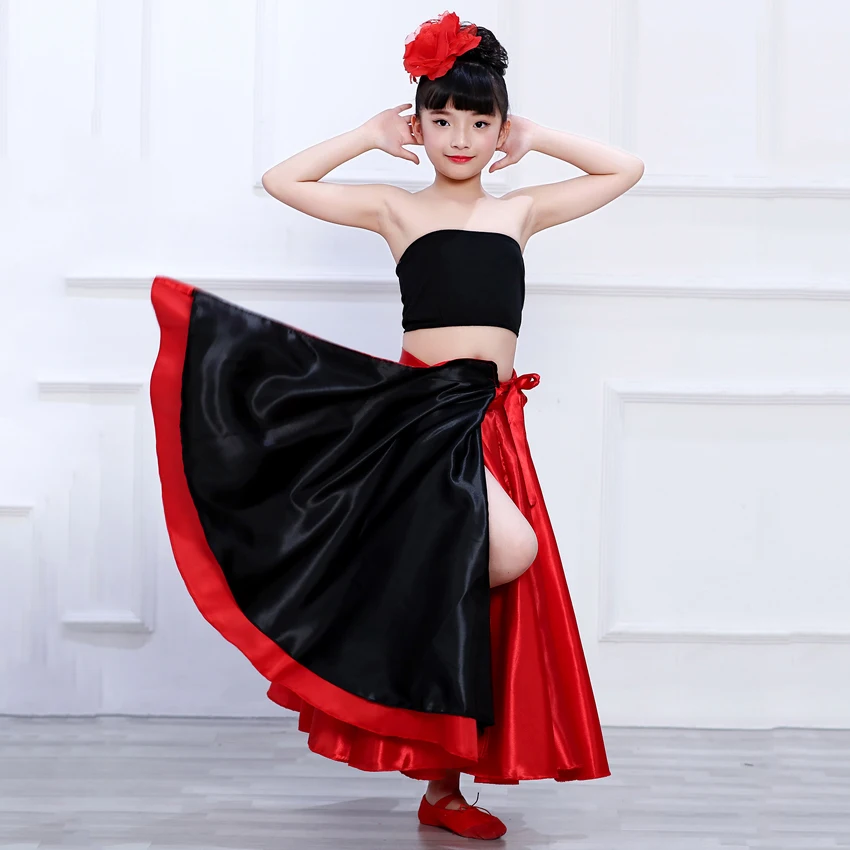 Red Black Satin Solid Spanish Flamenco Skirt Lace Up Female Dance Costumes 360-720 Degree Girls Ballroom Mother Daughter Dress