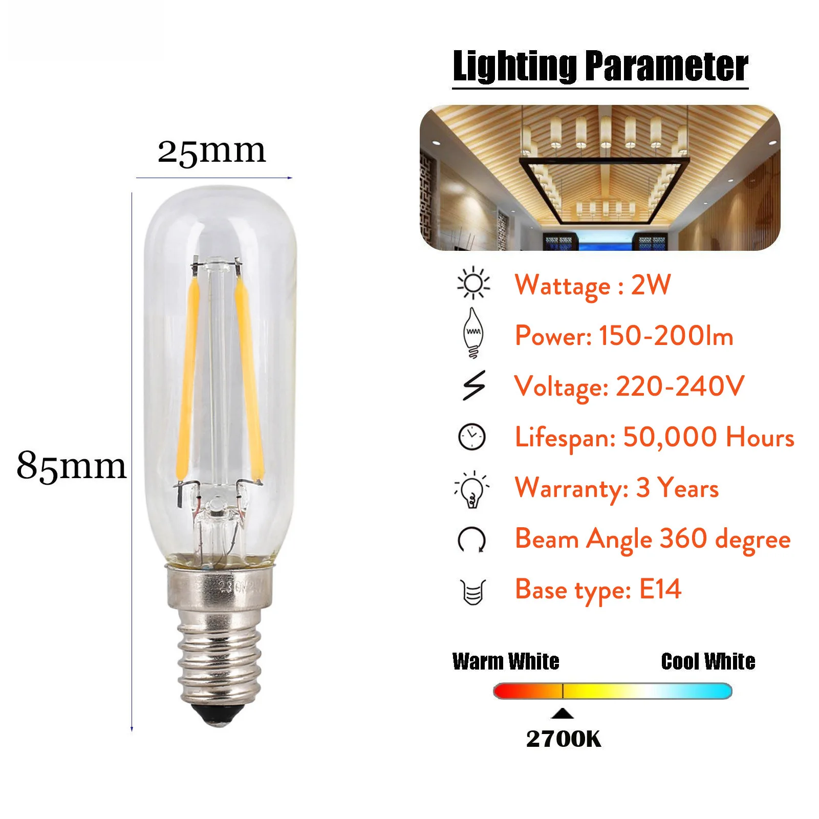 2W T25 Vintage Tubular LED Filament Bulb LED Light Bulbs SES Small Edison Screw E14 Base Warm White 2700K 20W Halogen Equivalent