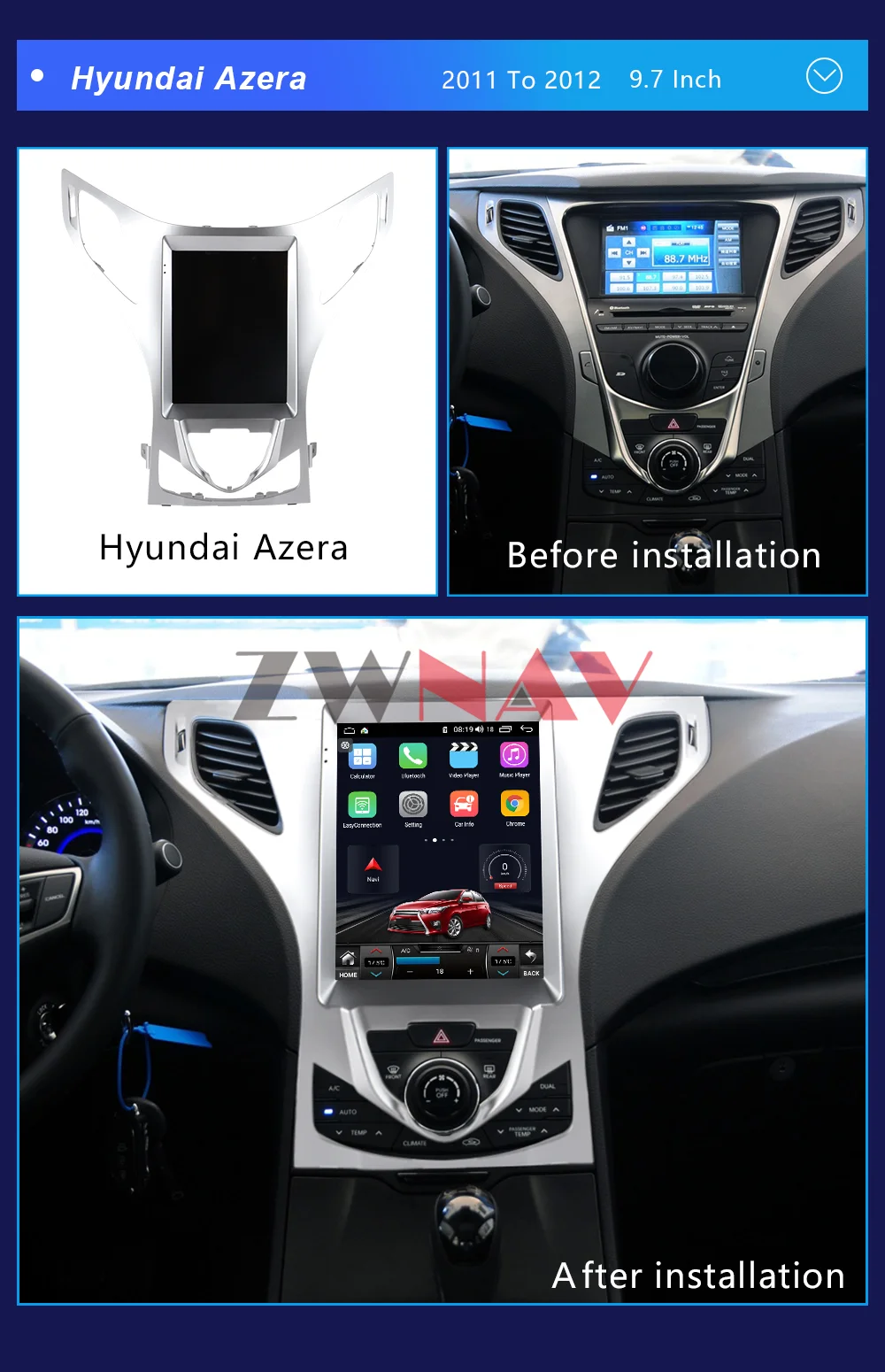 ZWNAV Android 11.0 6+128GB For Hyundai Azera 2011-2016 GPS Navi Free Map Car Multimedia Full HD Vedio Player RDS Bluetooth Radio