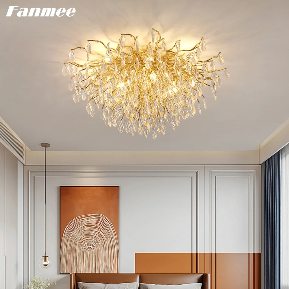 Aluminum Branch Ceiling Chandelier LED Modern Luxury Gold Tree Ceiling Light Clear Crystal Leaves Ceiling Lamp for Living Room