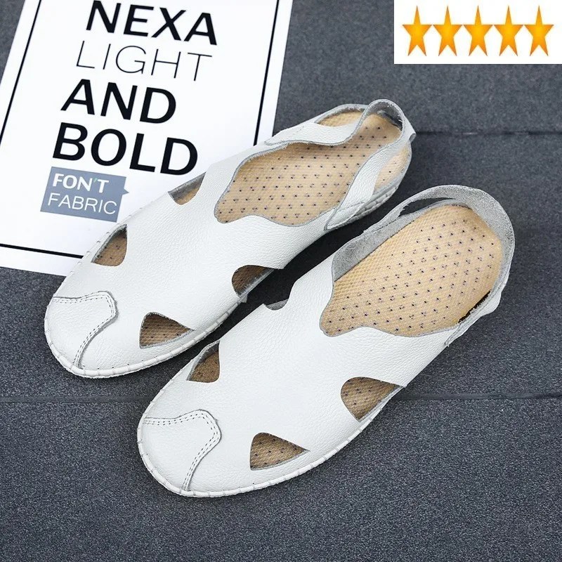 

Out Men Summer Hollow Leather Shoes Loafers White Slip On Flats Black Handmade Non-Slip Slippers Plus Size Beach Sandals