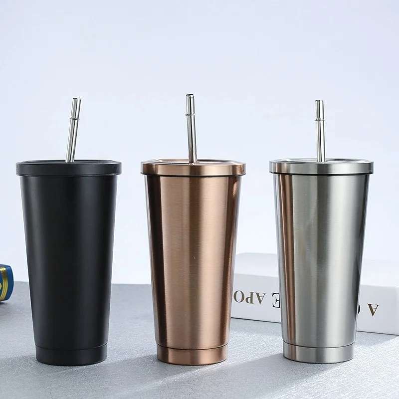 500Ml Stainless Steel Insulated Mug with Lid and Straw Coffee Mug Drink Travel Cup Vacuum Flask Metal Cup Tumbler Beer Tea Cup