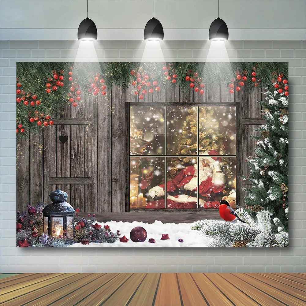 Santa Claus Backdrop Santa behind the window Backdrop Wood House Family party Snowfield Scence Background Photobooth