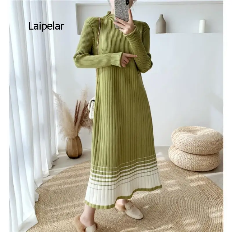 

Hugrich Elegant Warm Half Turtleneck Ladies A-line Sweater Dress Full Sleeve Slim Waist Women Knitted Mid-Calf Vestidos Autumn