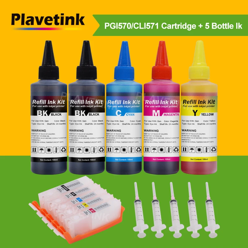 Plavetink PGI-570 CLI-571 Refill Ink Cartridge + 5 Bottle Ink Compatible For Canon Silver MG6850 MG6851 MG6852 - Silver MG6853