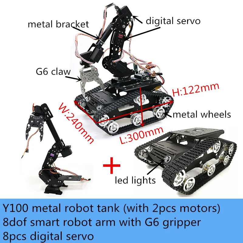 

SZDOIT 8DOF Metal Vehicle Robotic 8-Axis Robot Arm with Gripper + Y100 Crawler Tank Chassis Kit Digital Servo DIY for Arduino