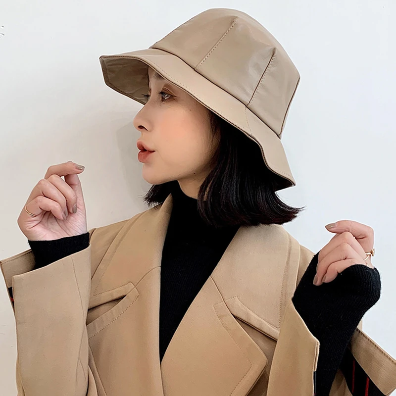 Autumn Winter New Real Leather Hat Women Western Fashion Wearing Bucket Sheepskin Hats Female Outdoor Leisure Basin Sun Caps