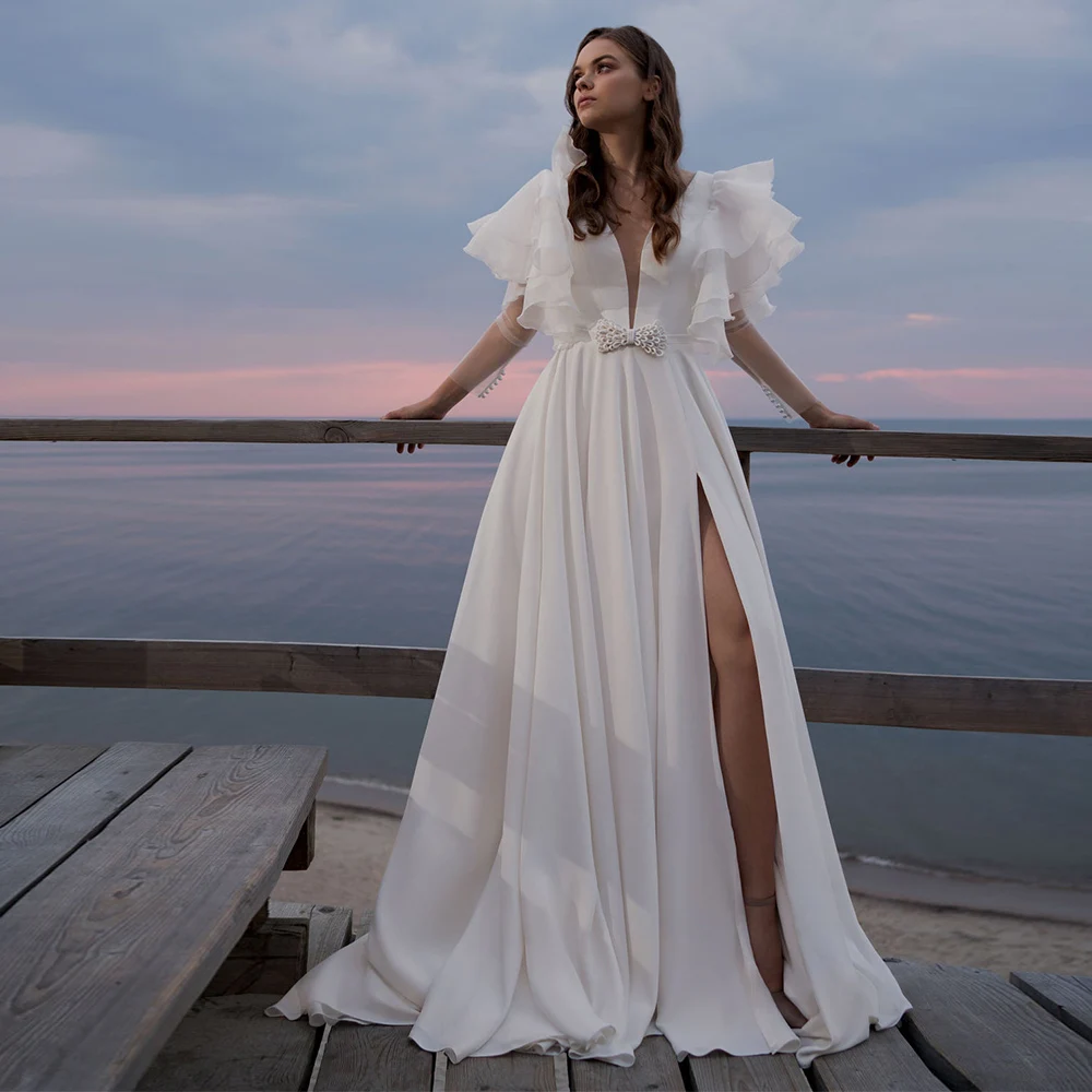 LSYX vestido de novia blanco con abertura lateral y lazo, Jersey con cuello en V, manga completa, tren de barrido, botón de alta calidad, elegante, fiesta