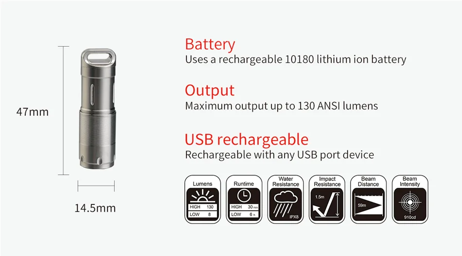 MecArmy X2S Keychain Light 130 Lumen USB Charging Stainless steel Mini Flashlight LED Torch built-in 10180 Battery