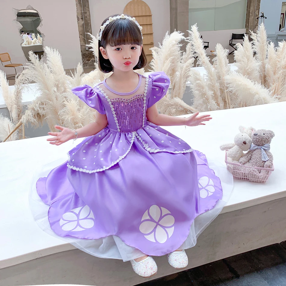 

Princess Sofia Dress for Girl Kid Cosplay Costume Purple Puff Sleeve Child Party Birthday Sophia Ruffle Fancy Costume 2-10 Years