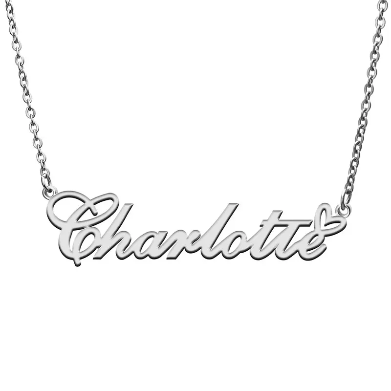 Charlotte with Heart Name Necklace for Women Stainless Steel Nameplate Pendant Jewelry Femme Mother Child Girls Gift