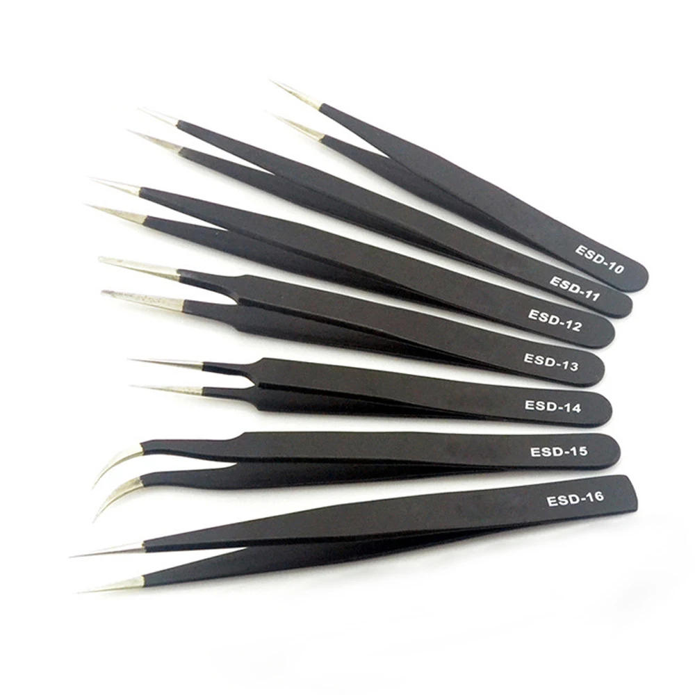 1/6 PCS pinzette antistatiche in acciaio inossidabile ESD strumenti di manutenzione pinzette diritte curve di precisione industriale strumenti di riparazione