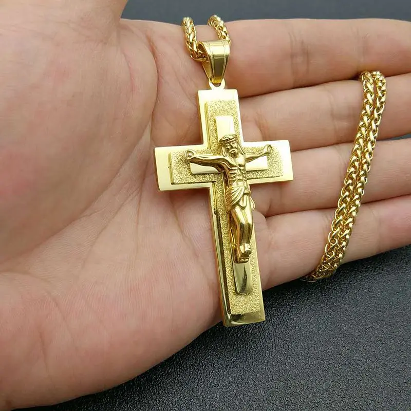 Hip Hop oro plata Color acero inoxidable 3 capas Cruz INRI crucifijo Jesús colgantes collar para hombres joyería de rapero