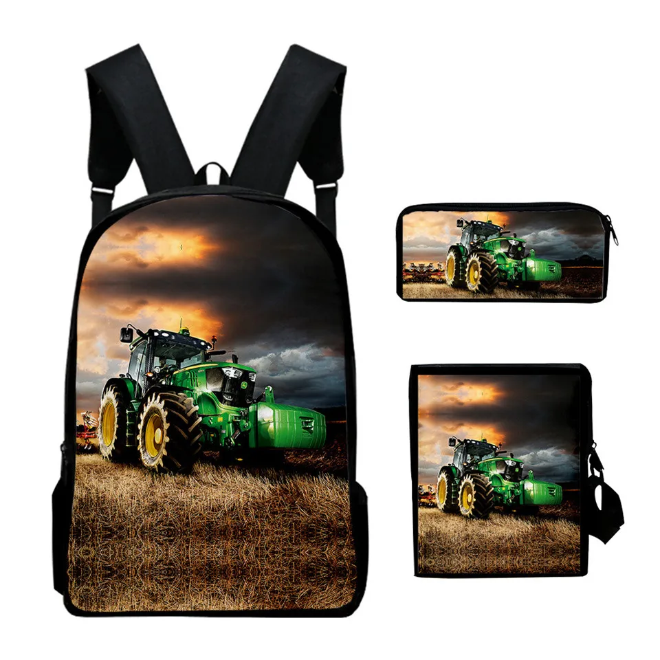 Mochila con estampado 3D de Tractor para estudiantes, para ordenador portátil de Anime morral, bolsa de almuerzo, estuche para lápices, novedad, Juego de 3 unidades