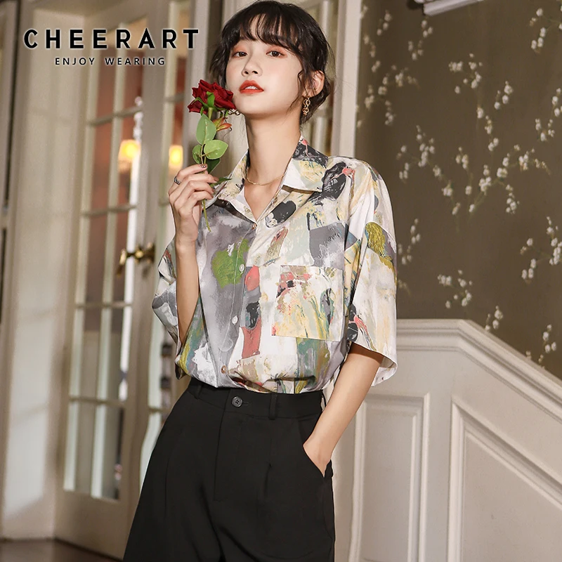 CHEERART Colored Drawing Short Sleeve Blouse Women Summer Top Button Up Loose Collared Shirt Casual Fashion 2020