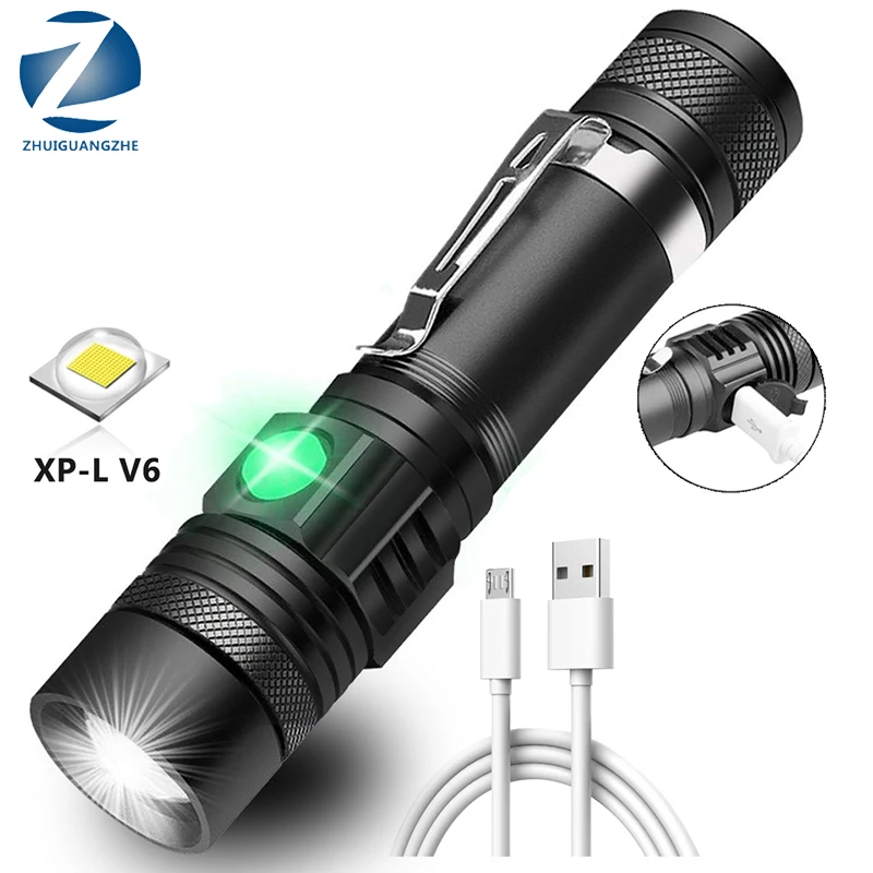 V6 LED Lamp Beads Ultra Bright LED Flashlight With XP-L Waterproof Torch Zoomable 4 Lighting Modes Multi-Function USB Charging