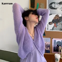 Karrram Korean Candy Colors Cashmere Mohair Cardigan Women Purple Crop Tops Autumn Deep V-neck Knitted Sweaters Fashion Knitwear