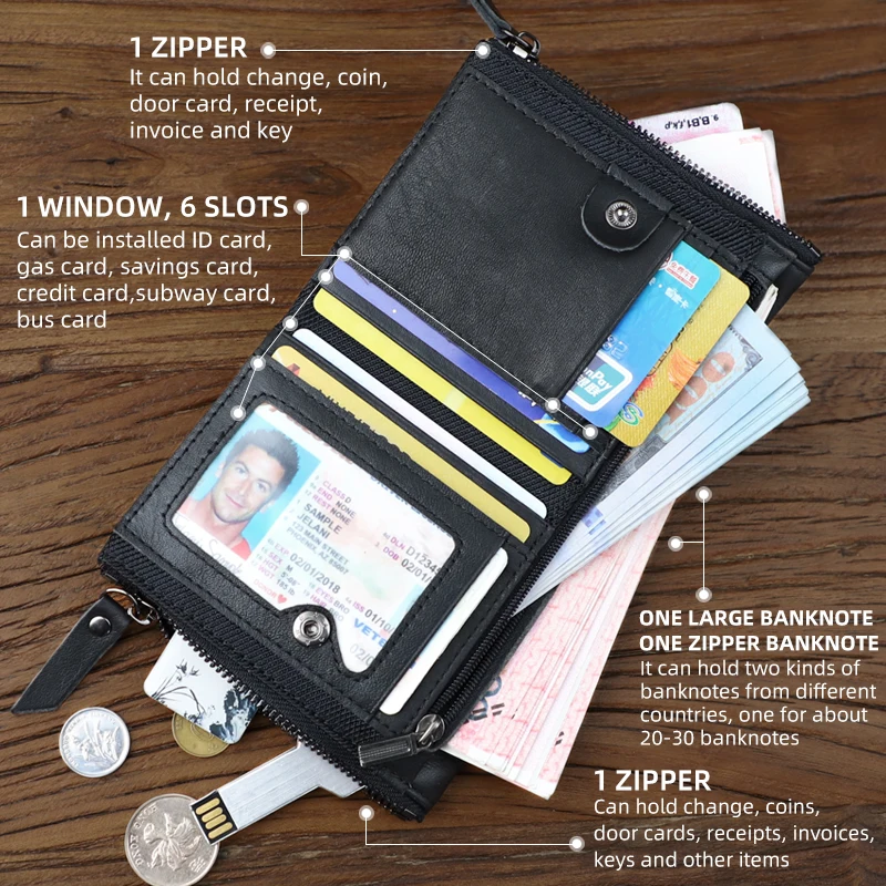 Portable Men Wallet Genuine Leather Anti NFC & RFID Male Wallet Storage Credit Card Holder Photo Slot Coin Zipper Purse