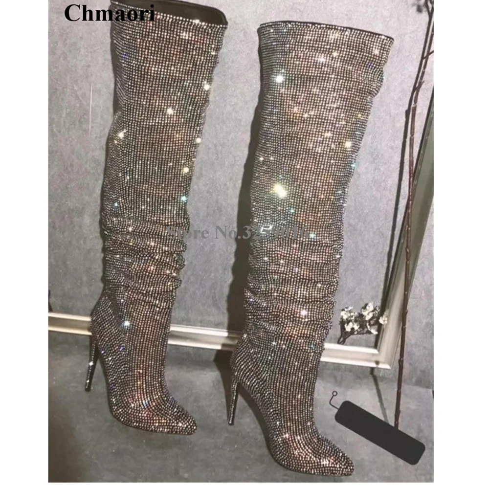 Pointed Toe Bling Bling Rhinestone Over Knee Boots New Design Women Fashion Stiletto Heel Long Crystal Boots Luxury Shoes