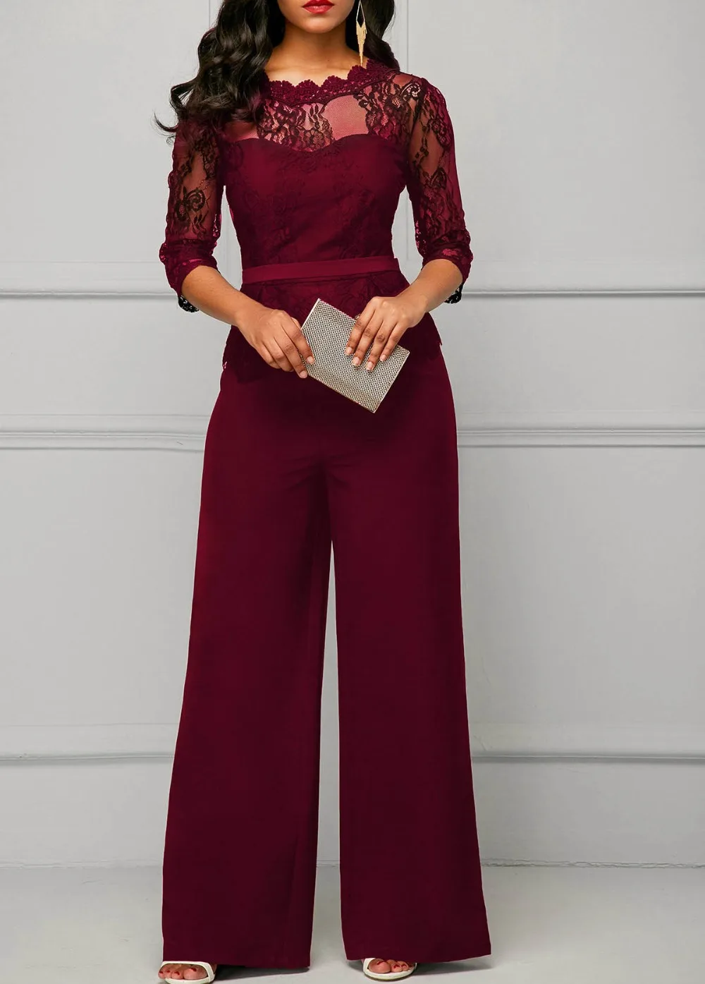 Elegant Sexy Jumpsuits Women Long Sleeve Lace Patchwork Jumpsuit Loose Trousers Wide Leg Pants Rompers Holiday Black Overalls