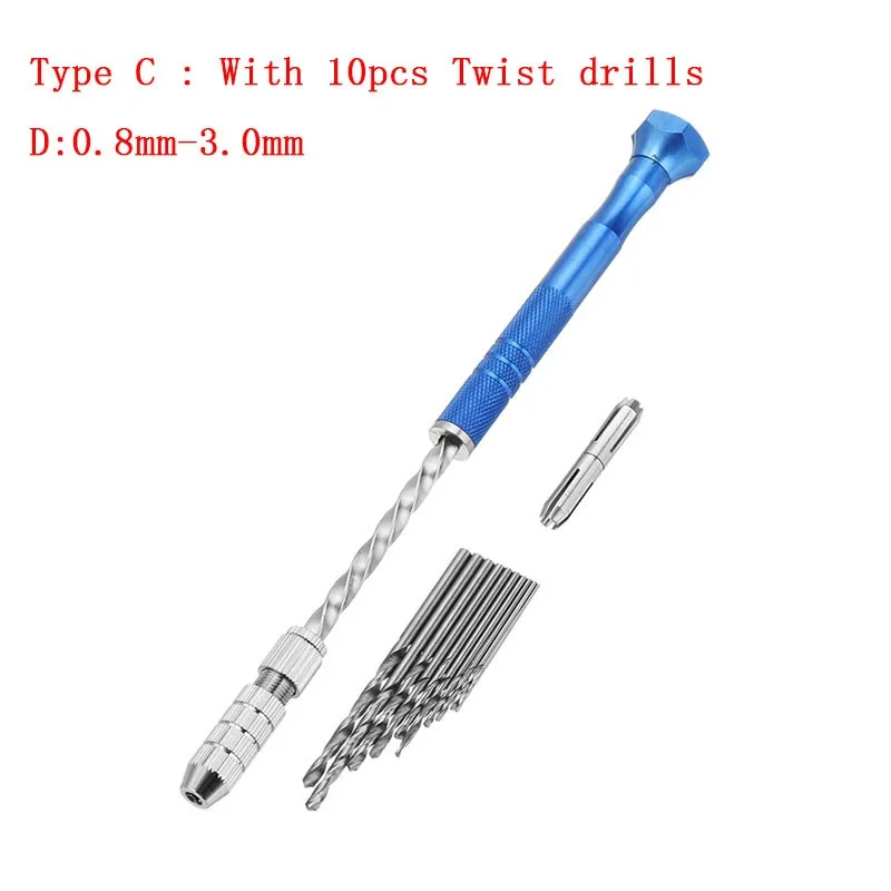 Set di trapano a torsione manuale semiautomatico da 0.5-3mm con punte piccole da 10 pezzi e mandrini a doppio lato da 2 pezzi per la perforazione di utensili con manico in legno