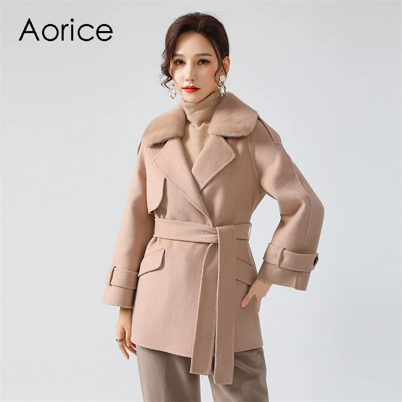 Pudi Women Winter Real Fur Coat Jacket With Mink Fur Collar 2020 Ins Hot Lady Over Size Wool Blends Mink Fur Parka Trench Z20187