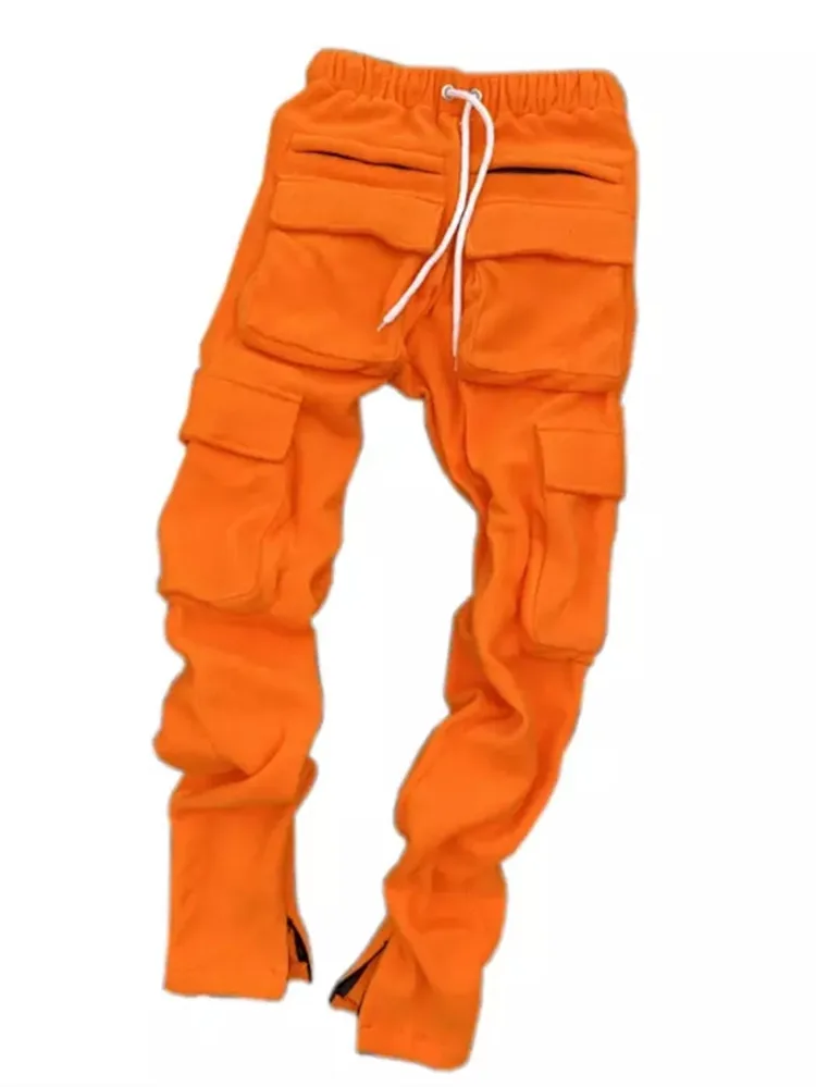 Men Oversized Cargo Pants Streetwear Long Step Pants Solid color wool three-dimensional Pockets Slim Panelled Warm trousers male