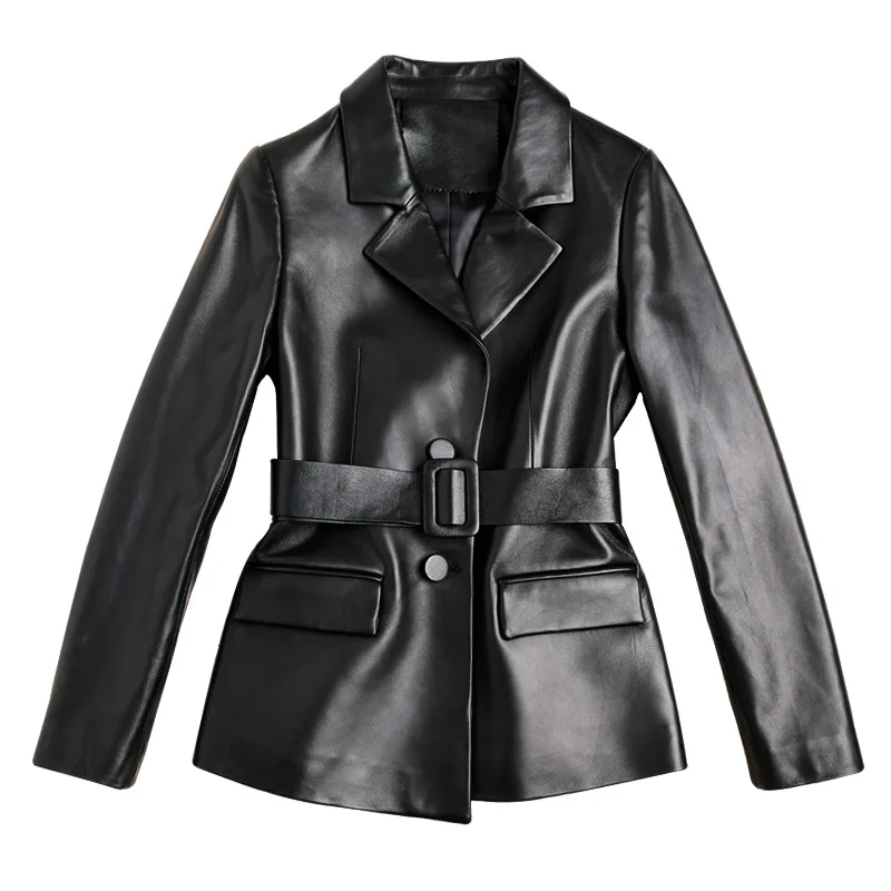 Blazer en similicuir PU souple pour femmes, vestes de bureau pour dames, vêtements d'extérieur élégants noirs pour femmes avec ceinture, combinaison mince, mode féminine, nouveau